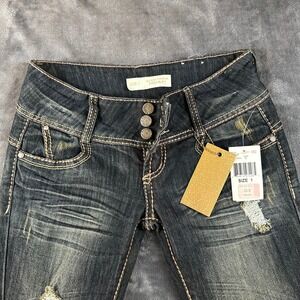 Almost Famous Premium Dark Wash Distressed Jeans Low Rise Womens Size 1 NWT
